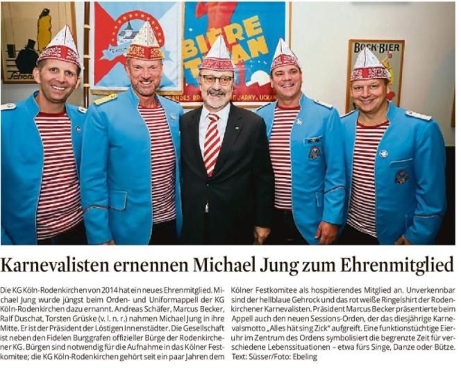 Presseartikel zur Ernennung Michael Jungs zum Ehrenmitglied der KG Rodenkirchen